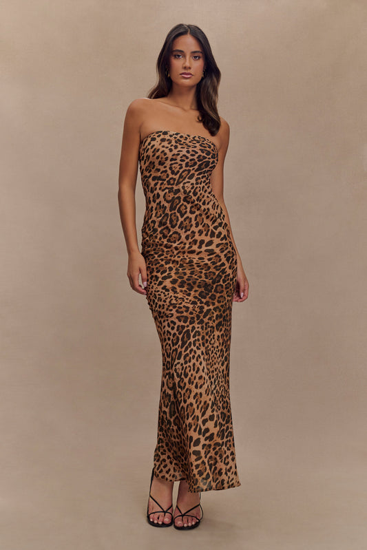 Breanna Robe Maxi en Chiffon sans Bretelles - Imprimé Léopard