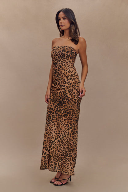 Breanna Robe Maxi en Chiffon sans Bretelles - Imprimé Léopard