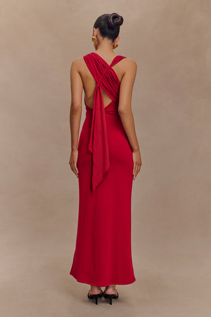 Robe midi asymétrique en jersey scuba Catelyn - Rubis