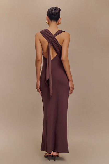 Robe midi asymétrique en jersey scuba Catelyn - Brun cacao