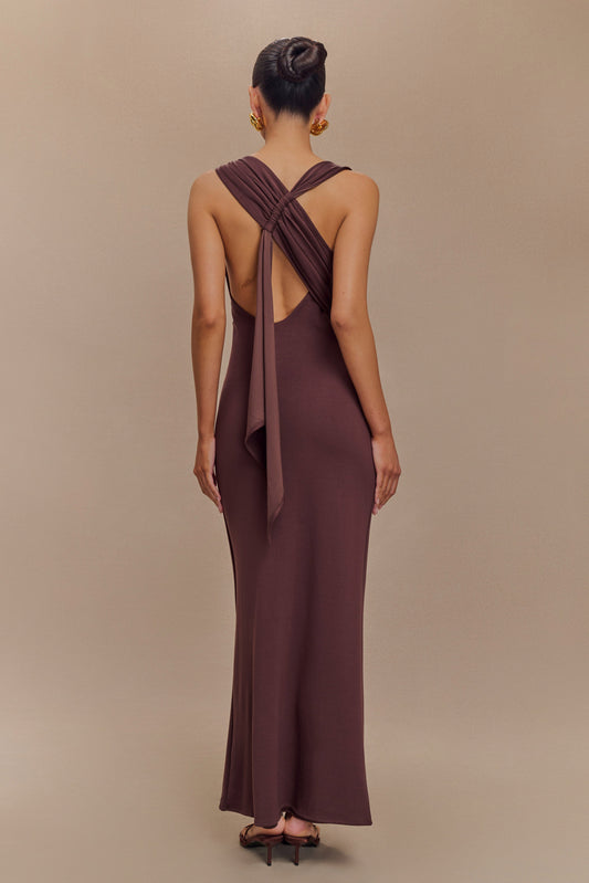 Robe midi asymétrique en jersey scuba Catelyn - Brun cacao