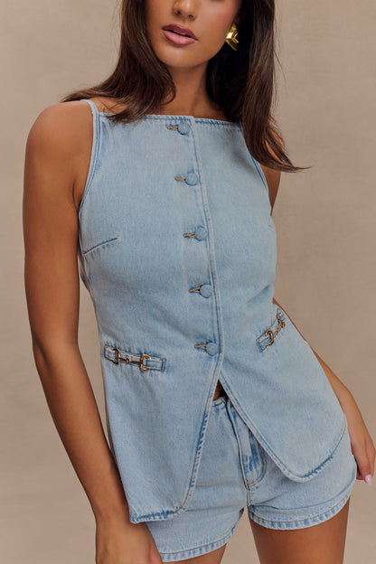 Haut en jean sans manches à boutons Ashton - Bleu clair