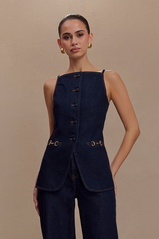 Haut en jean sans manches à boutons Ashton - Bleu indigo