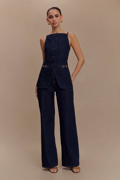 Haut en jean sans manches à boutons Ashton - Bleu indigo