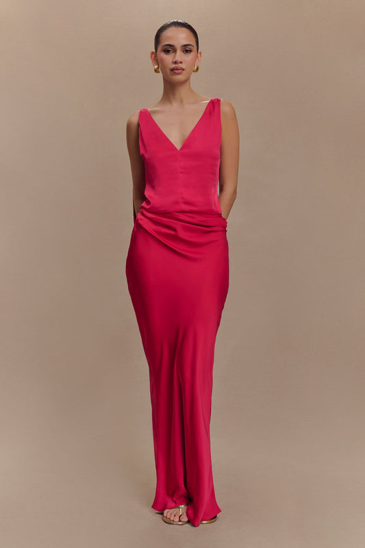 Jupe Maxi Asymétrique en Satin Nicola - Cerise Rose