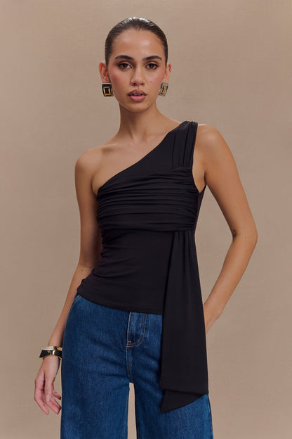 Sera Haut en nylon recyclé à une épaule avec drapé - Noir