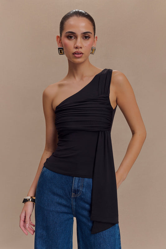 Sera Haut en nylon recyclé à une épaule avec drapé - Noir