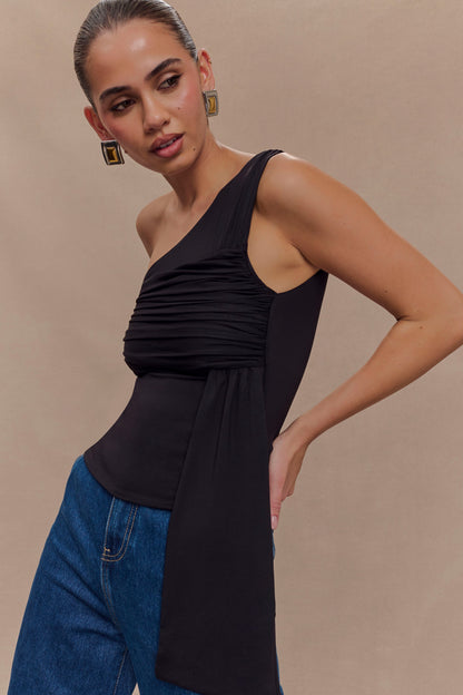 Sera Haut en nylon recyclé à une épaule avec drapé - Noir
