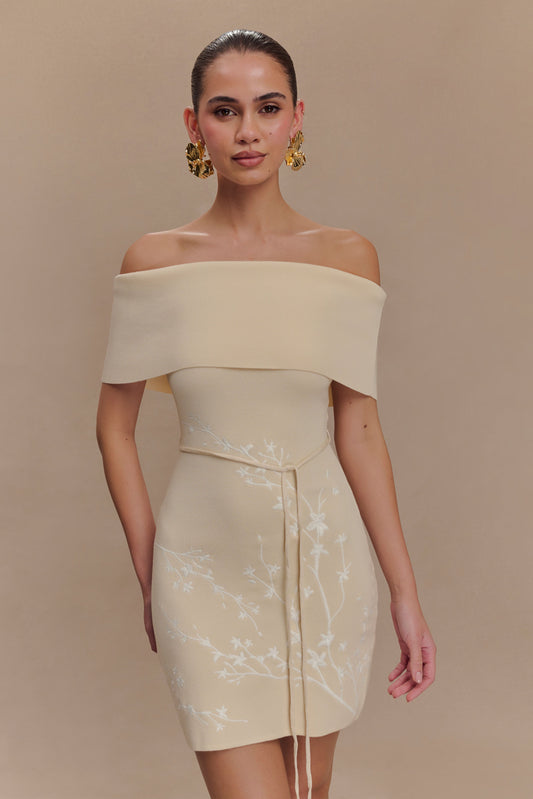 Mini-robe en jersey brodé à épaules dénudées Mallory - Crème et Ivoire