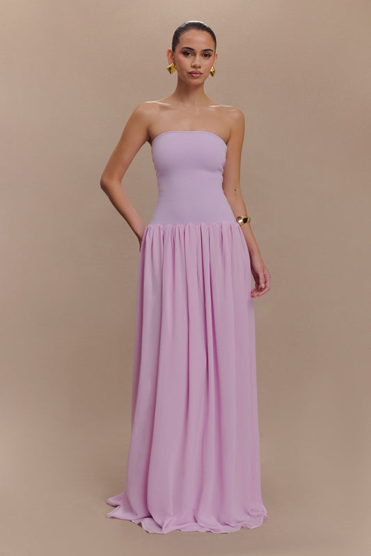 Robe Maxi Lyanna en Tricot et Chiffon sans Bretelles - Lilas