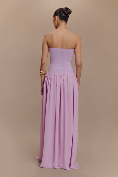 Robe Maxi Lyanna en Tricot et Chiffon sans Bretelles - Lilas