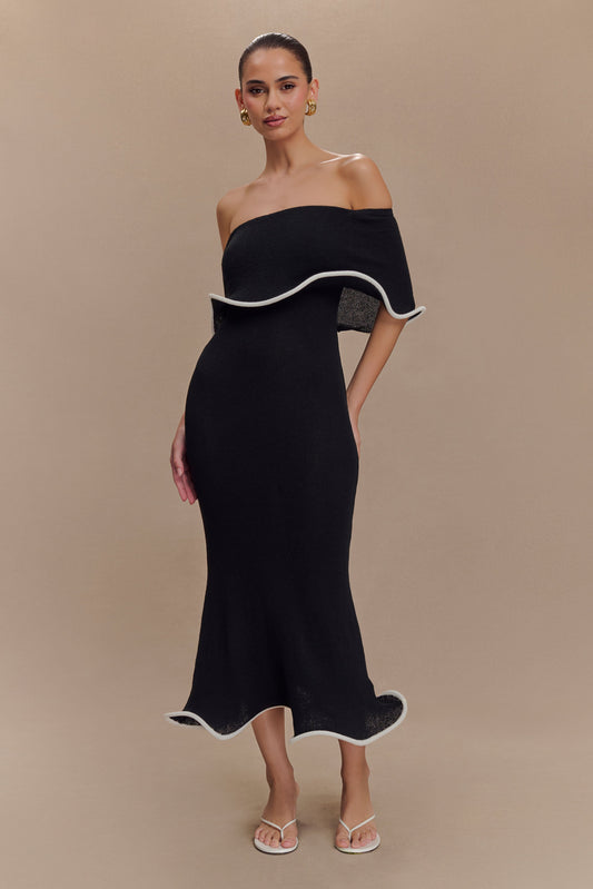Robe mi-longue en jersey Molly à épaules dénudées - Noir/Blanc