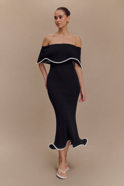 Robe mi-longue en jersey Molly à épaules dénudées - Noir/Blanc