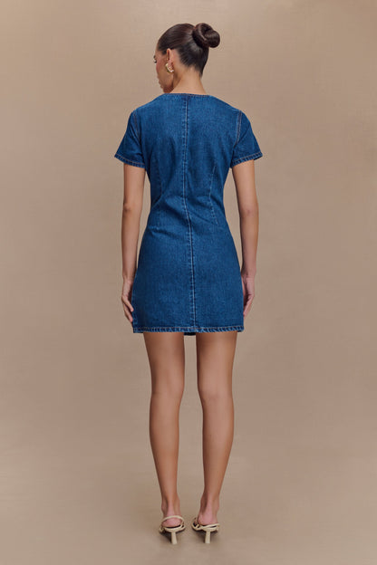Mini-robe en jean à col en forme de cœur Monica - Bleu foncé
