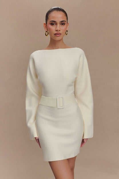 Mini-robe en tricot Kassie à nouer avec ceinture - Ivoire