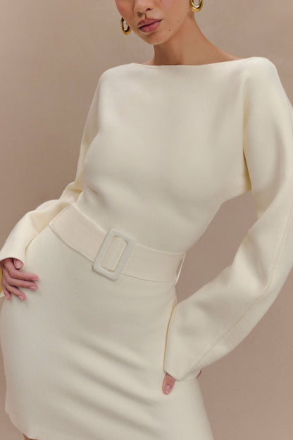 Mini-robe en tricot Kassie à nouer avec ceinture - Ivoire