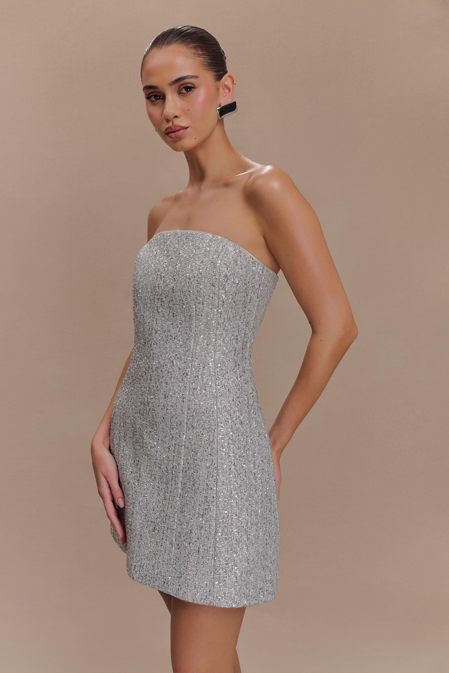 Mini-robe de gala en tweed sans bretelles - Argent