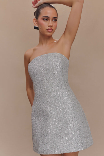 Mini-robe de gala en tweed sans bretelles - Argent