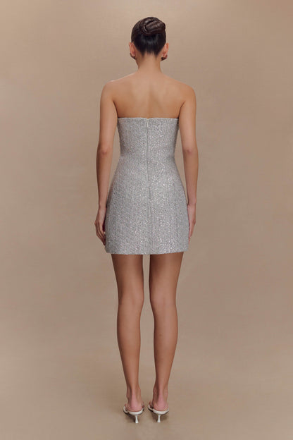 Mini-robe de gala en tweed sans bretelles - Argent