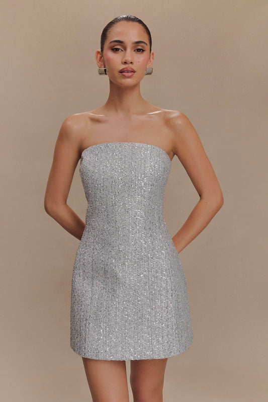 Mini-robe de gala en tweed sans bretelles - Argent