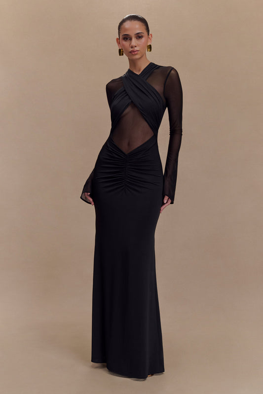 Robe Maxi à Manches Longues en Mousseline et Maille Tania - Noir
