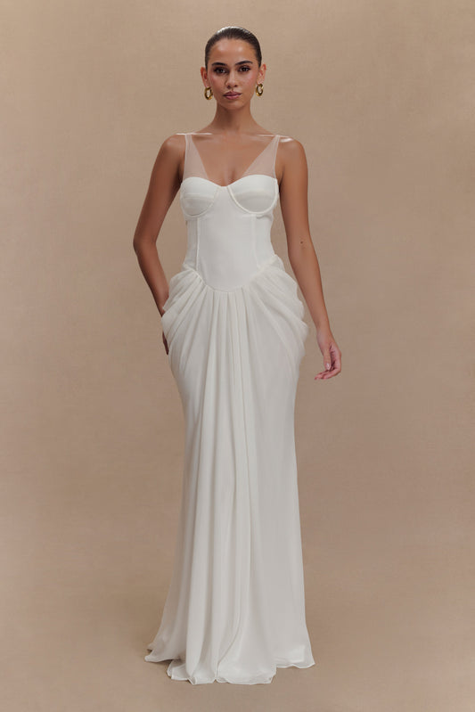 Robe Maxi Roxanne en Velours avec Corset - Blanche
