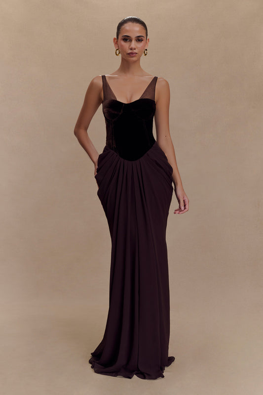Robe Maxi Roxanne en Velours avec Corset - Brun Cacao