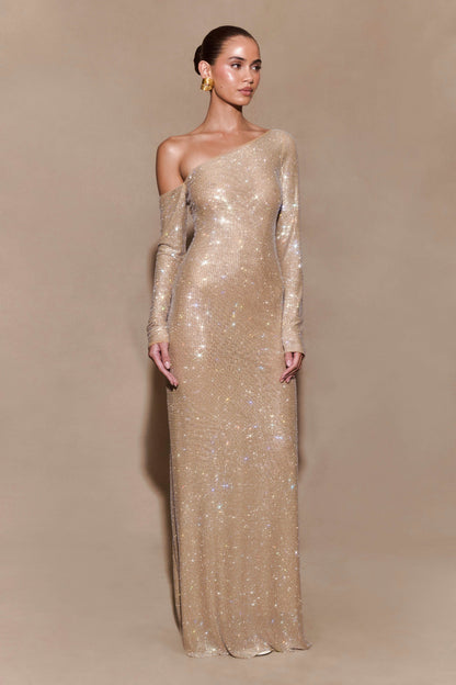 Marcia Diamante Robe Maxi à Manches Longues - Nude