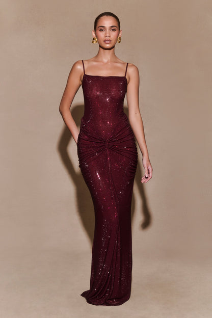 Robe Maxi Satin Roisin Diamante - Brun-Rouge