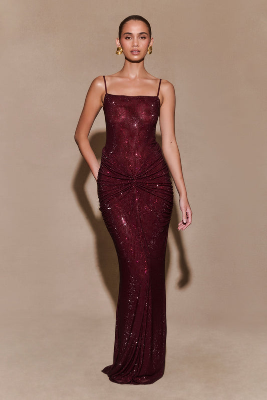 Robe Maxi Satin Roisin Diamante - Brun-Rouge