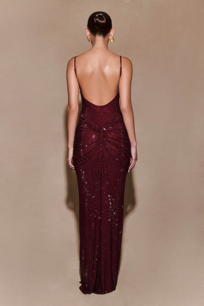 Robe Maxi Satin Roisin Diamante - Brun-Rouge