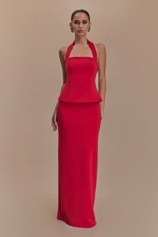Robe Maxi Bertie à Volants et Col Halter - Rubis