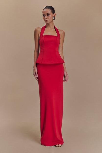 Robe Maxi Bertie à Volants et Col Halter - Rubis