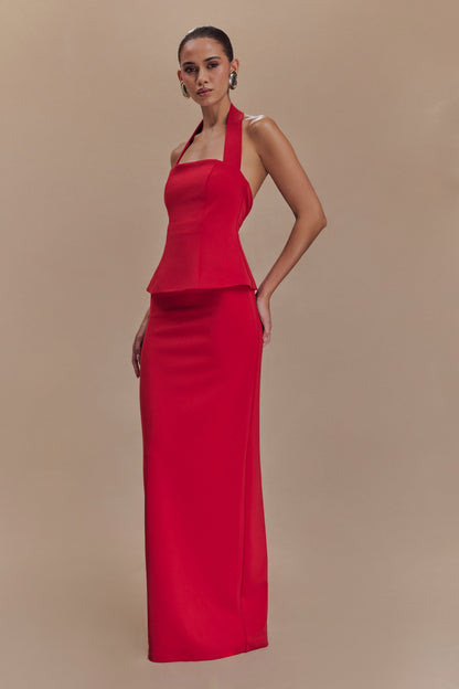 Robe Maxi Bertie à Volants et Col Halter - Rubis