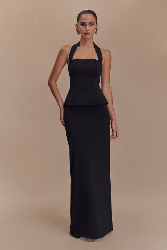 Robe Maxi Bertie à Col Haut et Volants - Noir
