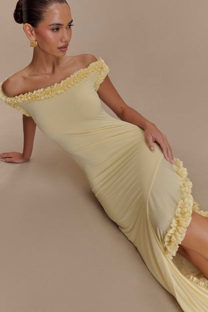 Robe midi à volants et épaules dénudées Arielle - Citron pastel