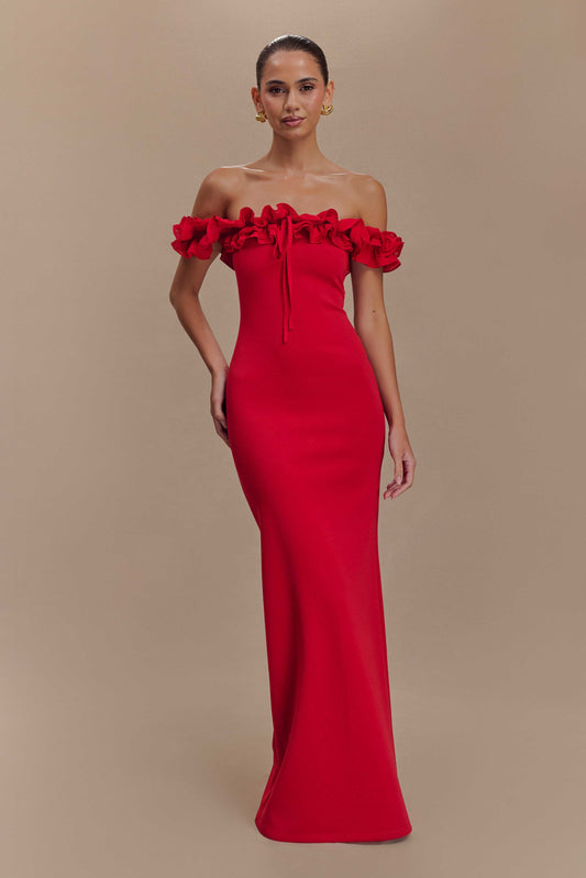 Robe Maxi Nova à Volants et Épaulettes - Rubis