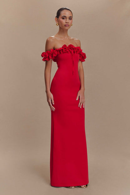 Robe Maxi Nova à Volants et Épaulettes - Rubis