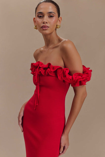 Robe Maxi Nova à Volants et Épaulettes - Rubis