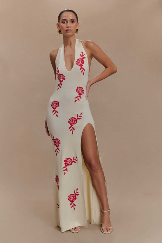 Robe Maxi à Manches Frangées en Tricot Shiloh Rose - Ivoire