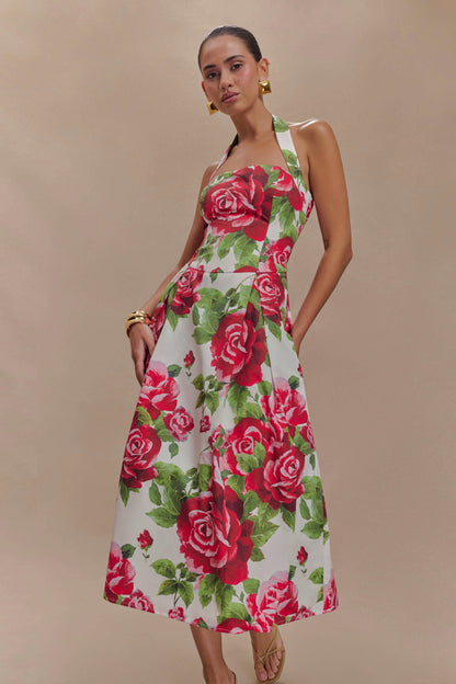 Juana Robe Midi à Bretelles - Imprimé Rose Sonia