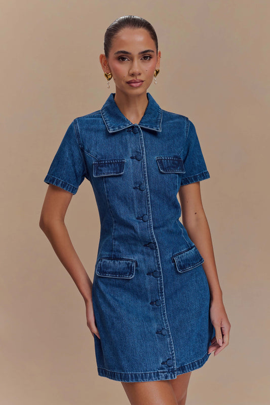 Mini-robe en jean à boutons Leighton - Bleu foncé