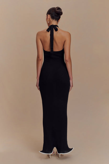 Robe Maxi Tricot Melodie à Manches Frangées - Noir/Blanc