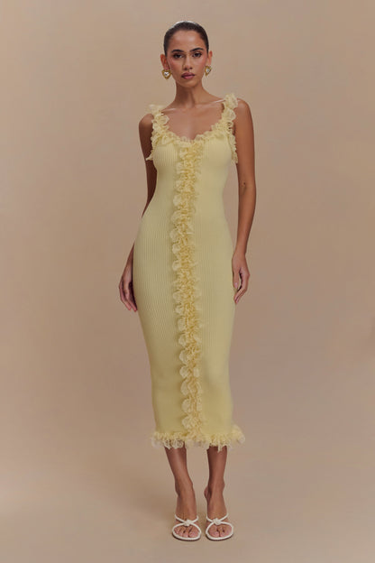 Robe mi-longue en jersey à volants et dentelle Shay - Citron