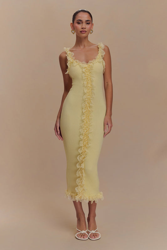 Robe mi-longue en jersey à volants et dentelle Shay - Citron