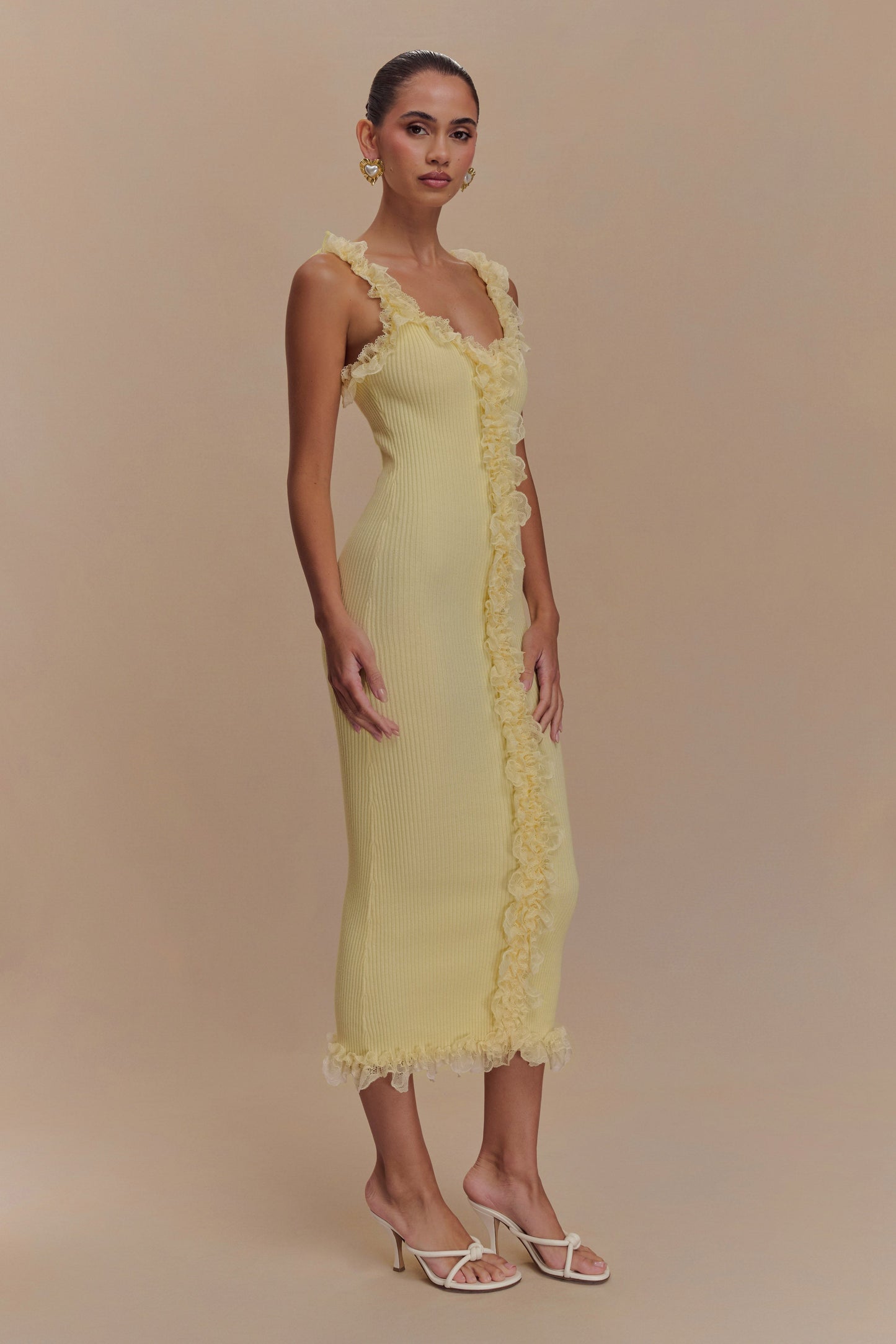 Robe mi-longue en jersey à volants et dentelle Shay - Citron