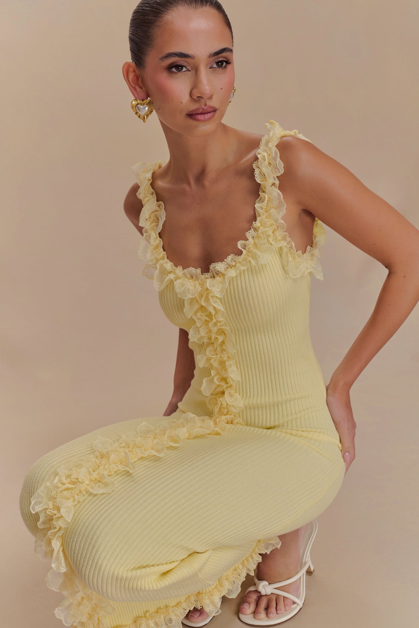 Robe mi-longue en jersey à volants et dentelle Shay - Citron