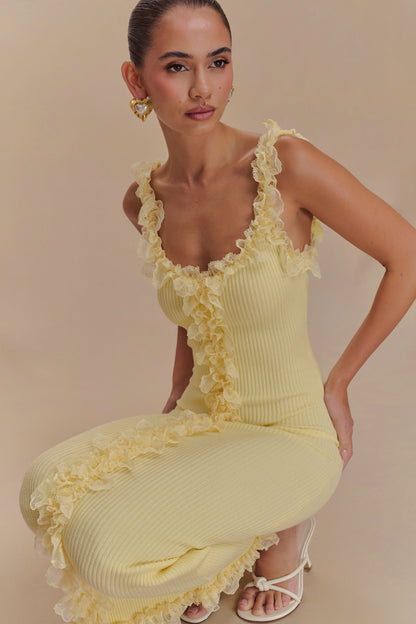Robe mi-longue en jersey à volants et dentelle Shay - Citron