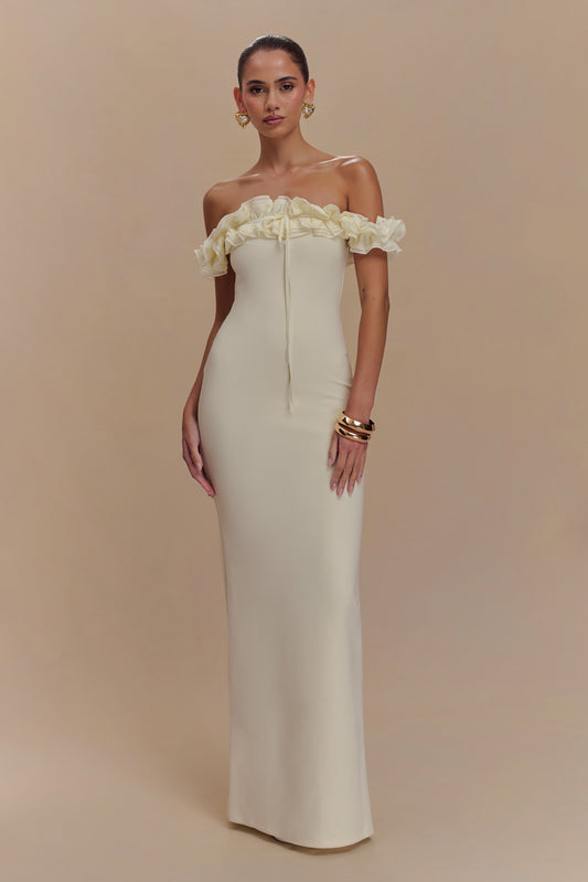 Robe Maxi Nova à Manches Frangées et Épaulettes - Ivoire