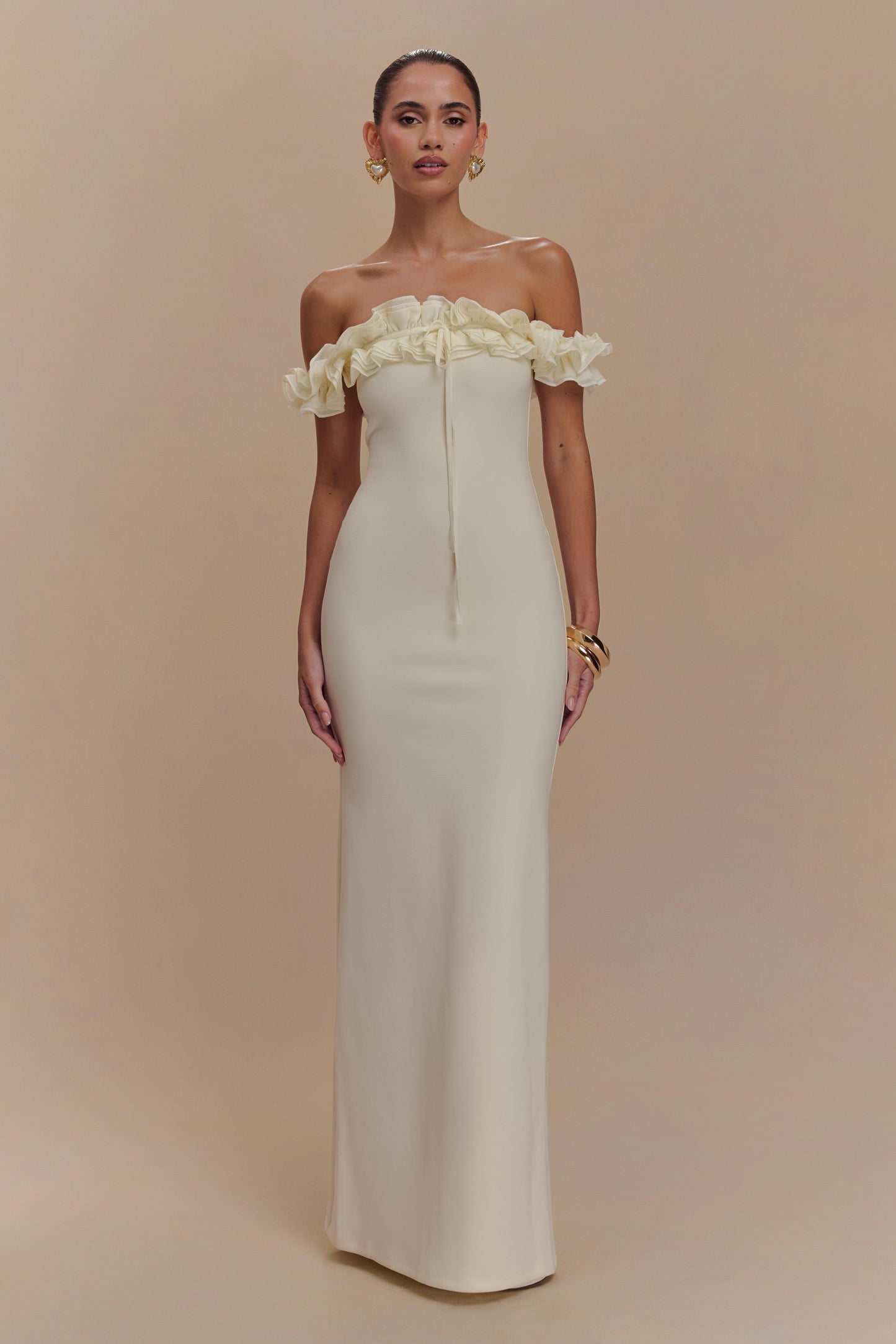 Robe Maxi Nova à Manches Frangées et Épaulettes - Ivoire